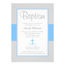 Gray Chevron Blue Cross Boy Baptism Christening Invite
