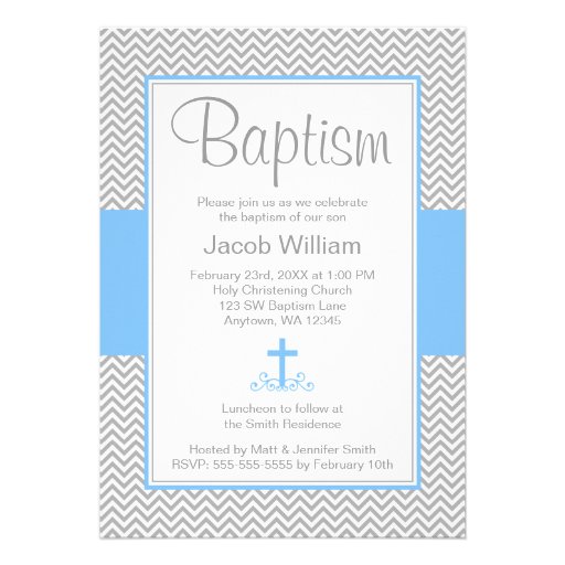 Gray Chevron Blue Cross Boy Baptism Christening Invite