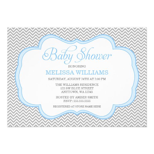 Gray Chevron Blue Frame Baby Shower Invitations