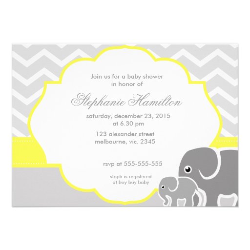 Gray  chevron elephants lemon neutral baby shower personalized announcements