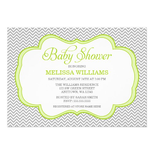 Gray Chevron Green Frame Baby Shower Invitations