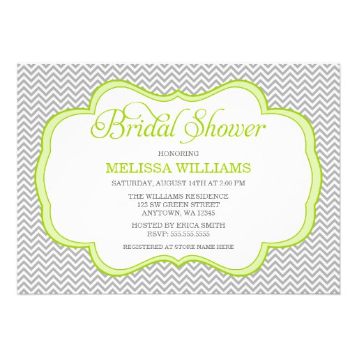 Gray Chevron Green Frame Bridal Shower Custom Announcement