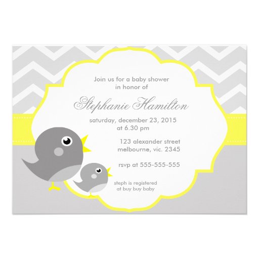 Gray chevron lemon neutral baby shower personalized announcements