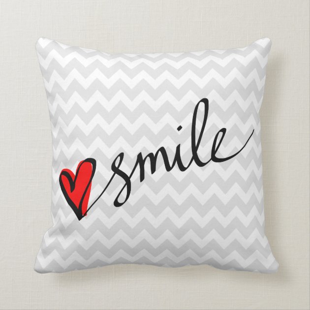 Gray Chevron Pattern Smile Cute Red Heart Throw Pillow-1