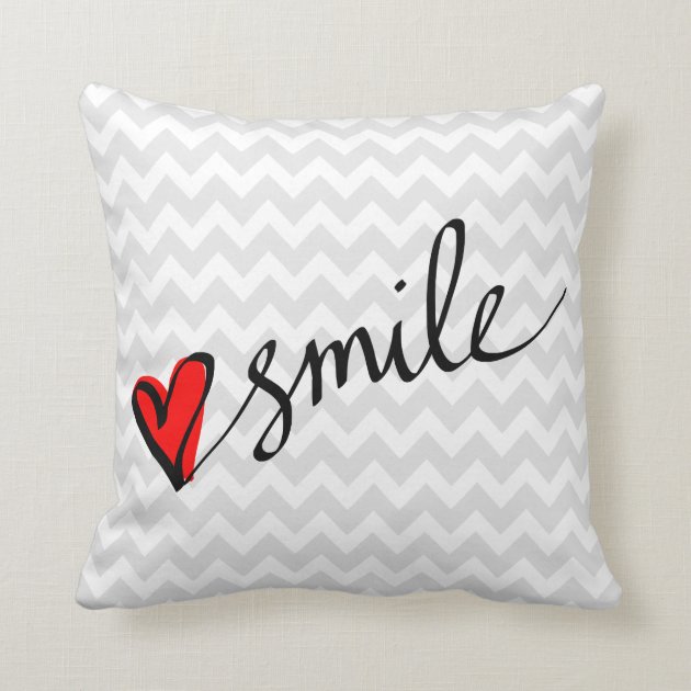 Gray Chevron Pattern Smile Cute Red Heart Throw Pillow-0