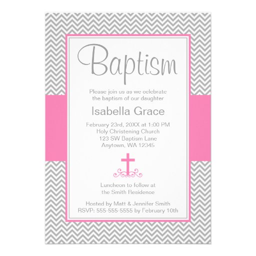 Gray Chevron Pink Cross Girl Baptism Christening Cards