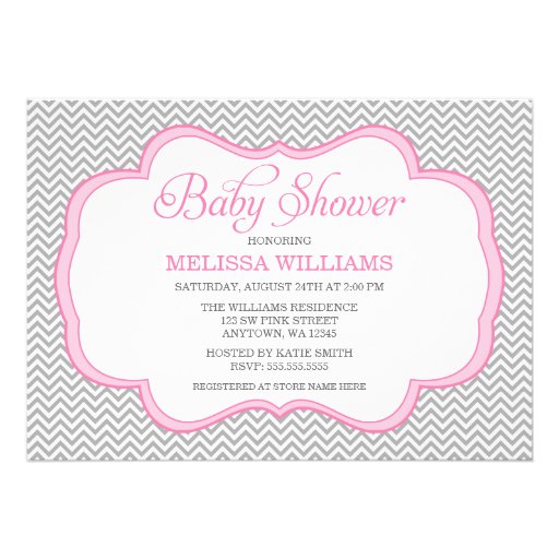 Gray Chevron Pink Frame Baby Shower Invitations