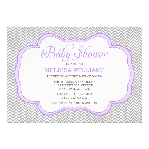 Gray Chevron Purple Frame Baby Shower Invitations