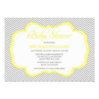 Gray Chevron Yellow Frame Baby Shower Invitations