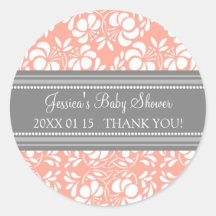 Gray Coral Damask Baby Shower Favor Stickers