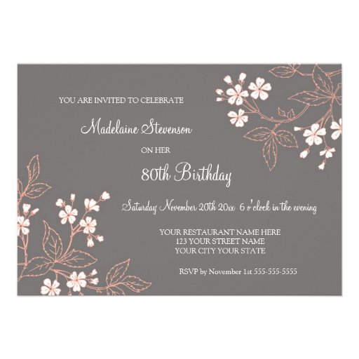Gray Coral Floral 80th Birthday Party Invitations