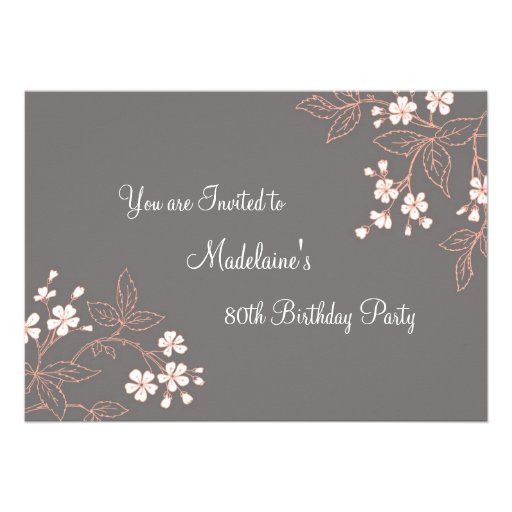 Gray Coral Floral 80th Birthday Party Invitations (front side)