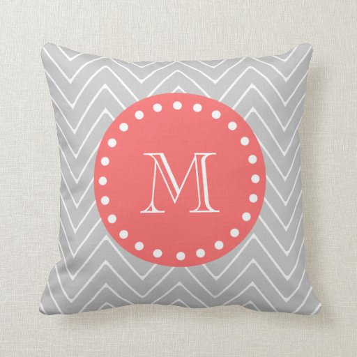 Gray & Coral Modern Chevron Custom Monogram Throw Pillow Zazzle