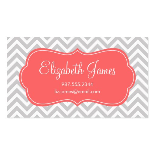Gray & Coral Modern Chevron Stripes Business Card (front side)
