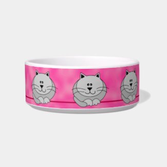 Gray Cute Fat Cats on Pink Custom Name Pet Bowl