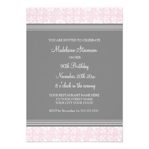 Gray Damask 90th Birthday Party Invitations