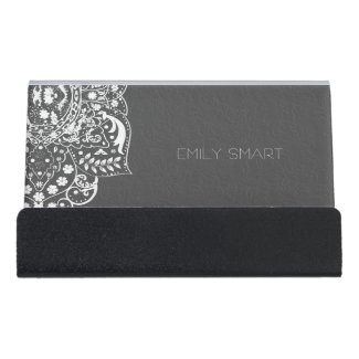 Gray Damask And White Lace Desk Business Card Holder