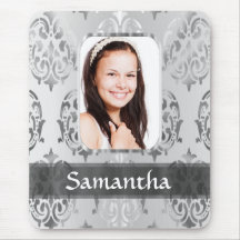 Gray damask personalized photo border mousepads