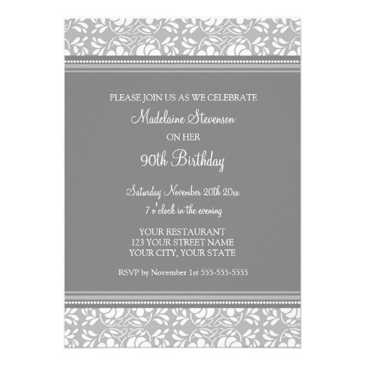 Gray Damask Photo 90th Birthday Party Invitations