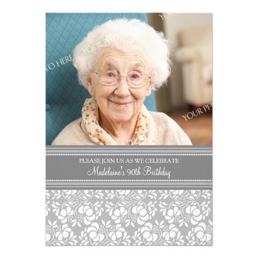 Gray Damask Photo 90th Birthday Party Invitations (front side)