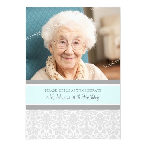 Gray Damask Photo 90th Birthday Party Invitations (front side)