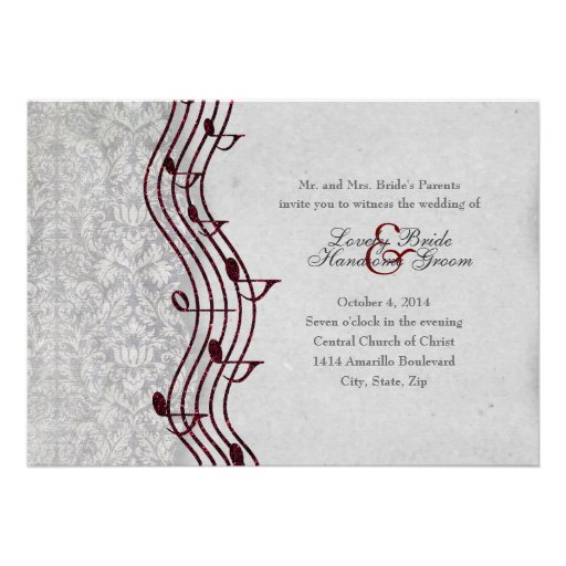 Gray Damask  Red Music Elegant Wedding Invitation