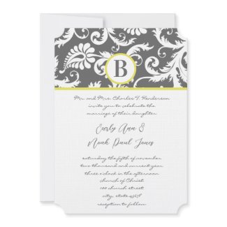 Grey Damask Swirls Bight Yellow Wedding Invitation invitation