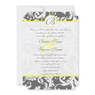 Grey Damask Swirls Bight Yellow Wedding Invitation invitation