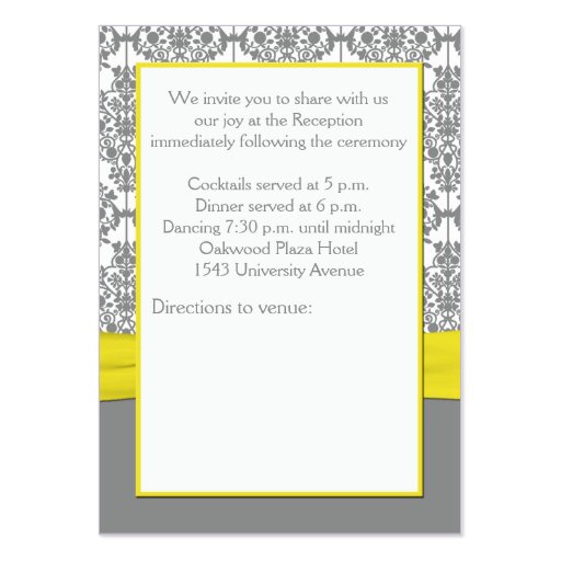 Gray Damask with Yellow Reception Card Business Card (back side)