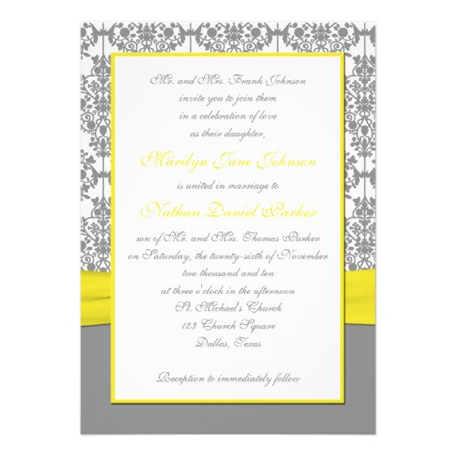Gray Damask with Yellow Wedding Invitation