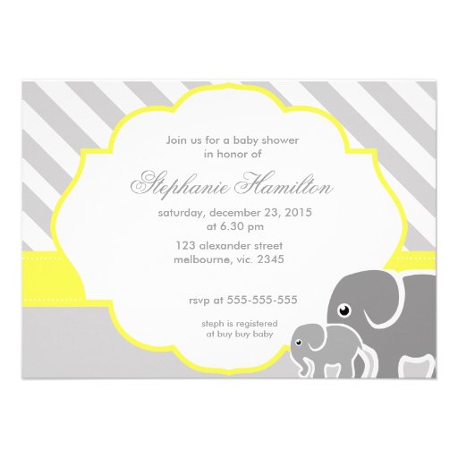 Gray  elephants lemon neutral baby shower personalized invites
