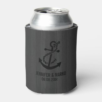Gray Faux Wood Stripes Nautical Anchor Can Cooler