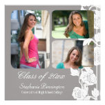 Gray floral 3 photo graduation party announcement