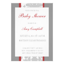 Gray Floral Ribbon Baby Shower Invitation-red