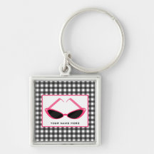 Gray Gingham And Retro Pink Sunglasses Keychains