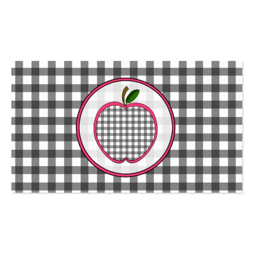 Gray Gingham Apple Fashion Teacher Business Card (front side)