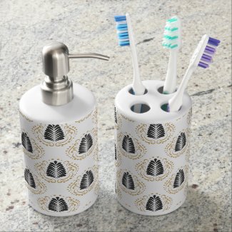 Gray & Gold Stylized Feathers And Swirls Toothbrush Holders