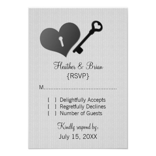 Gray Heart Lock and Key Response Card Personalized Invitations