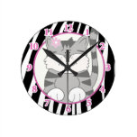 Gray Kitten Wall Clock with Zebra Stripe