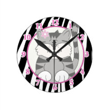 Gray Kitten Wall Clock with Zebra Stripe
