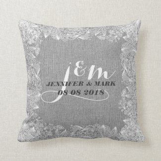 Gray Linen & White Lace 2 Wedding Pillow Monogram Pillow