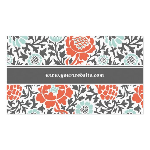 Gray Mint and Coral Retro Floral Damask Business Cards (back side)