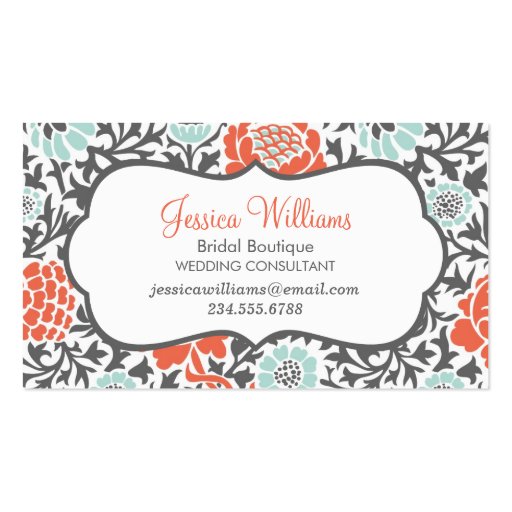 Gray Mint and Coral Retro Floral Damask Business Cards (front side)