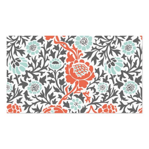 Gray Mint & Coral Retro Floral Damask Business Card (back side)