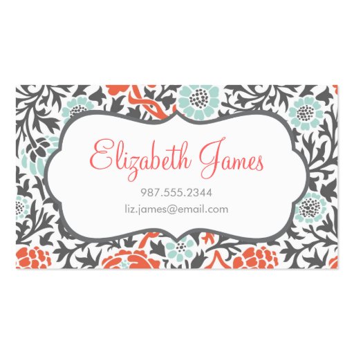 Gray Mint & Coral Retro Floral Damask Business Card (front side)