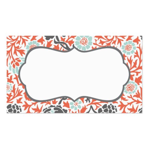 Gray Mint & Coral Retro Floral Damask Business Card Template (back side)