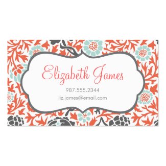 Gray Mint & Coral Retro Floral Damask Business Card Template