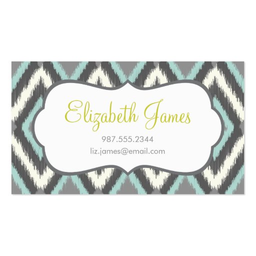 Gray & Mint Tribal Ikat Chevron Business Cards (front side)