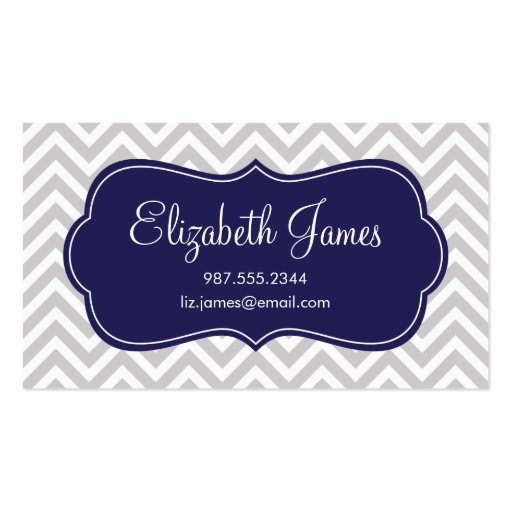 Gray & Navy Blue Modern Chevron Stripes Business Card Template (front side)