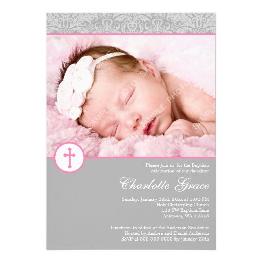 Gray Pink Damask Cross Girl Photo Baptism Announcement (front side)